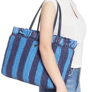 Kate spade stripe straw large tote blue bag new